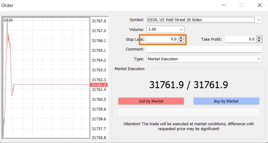 3 การตั้ง Stop loss จากออเดอร์ที่กำลังจะส่ง