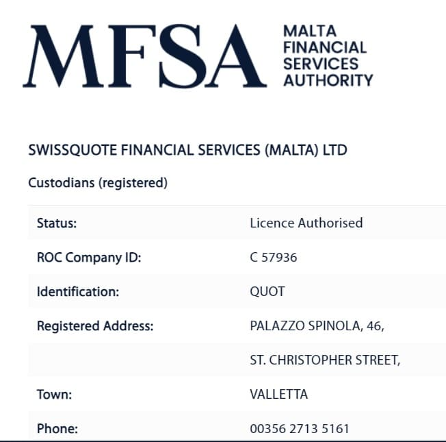 SWISSQUOTE FINANCIAL SERVICES (MALTA) LTD ได้รับใบอนุญาตจาก MFSA