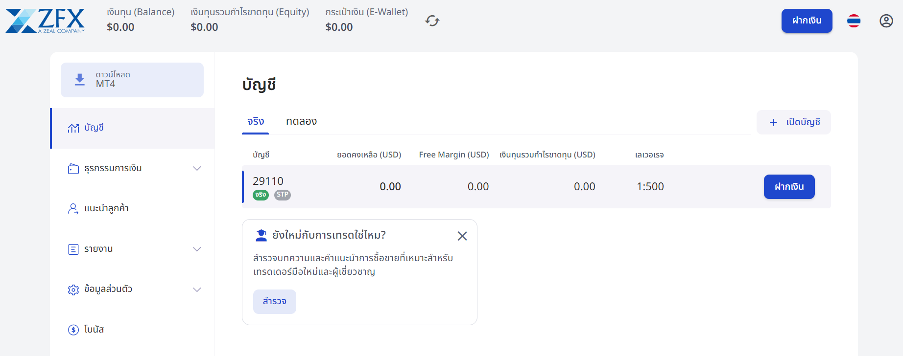 ZFX พื้นที่ลูกค้าหลังจากสมัครสำเร็จ